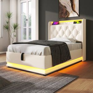 lit coffre 90x200 lit coffre 1 place Lit simple capitonné LED tête de lit rembourré avec recharge USB Type-CPU blanc.sans matelas