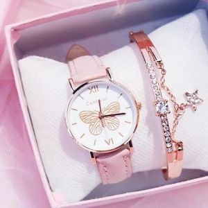 Coffret montre femme + bracelet étoile – diamant papillon bracelet en cuir mode rose cadeau de Noël