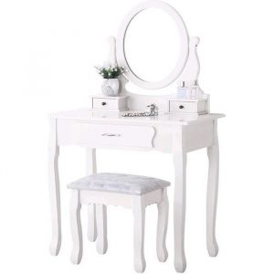 Coiffeuse avec Miroir réglable Table de Maquillage avec Tabouret 3 Tiroirs et Miroir Ovale Blanche