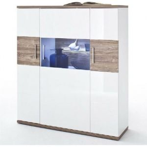 Vaisselier - Buffet coloris blanc brillant et chêne sterling - Longueur 120 x Hauteur 135 x Profondeur 37 cm