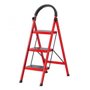 Escabeau 3 marches - Support 150 kg - Pliable pour un Rangement Facile - Blanc et Rouge