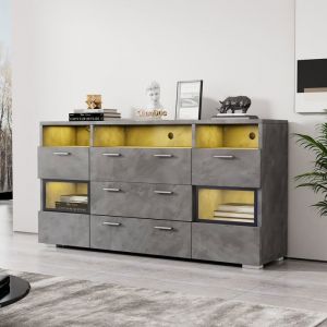 Buffet salle a manger 140 cm de long avec éclairage LED 2 portes 3 tiroirs plus un rangement ouvert gris