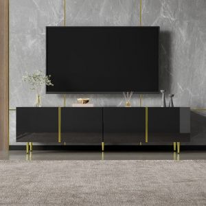 Meuble TV Haut Brillant Noir et Or avec 4 Portes &ndash; Merax TV Banc Design Moderne &Eacute;l&eacute;gant avec Charni&egrave;res Soft-Close 170x35x46 cm