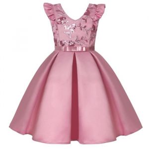 Robe Princesse C&eacute;r&eacute;monie Fille Paillettes Sans Manches Robe de Mariage Avec Ceinture Noeud Papillon - Rose