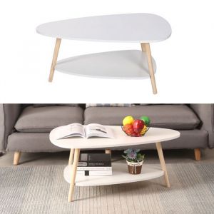 Table Basse Ovale Moderne - MIPAN - Avec Pieds en BoisBois + 2 étagère- Pour SalonCanapé - 90*60*40cm - Blanc