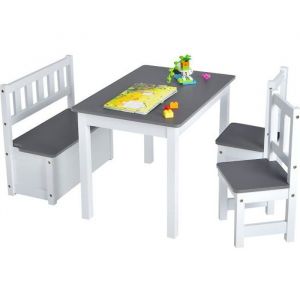 DREAMADE Ensemble de Table et 2Chaises Enfant avec Banc Coffre à Jouet 2 en 1 Ensemble Table dActivité en Bois pour