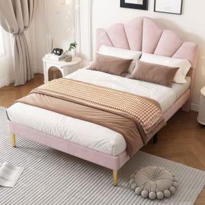 Lit enfant - OKWISH - 140x190 cm - Velours rose - T&ecirc;te de lit r&eacute;glable - Pieds en fer dor&eacute;