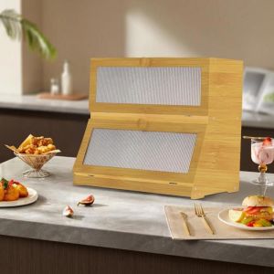 MIPAN. Bo&icirc;te &agrave; Pain Bambou 2- Couche Countertop Bo&icirc;te en Bois -  Pour Cuisine  Huche  Pour le stockage du pain -  Marron