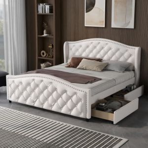 Lit double capitonné 140x200cm avec 2 tiroirs à roulettes Tête de Lit avec Rivets - Bois & simili cuir - 2 personnes - Blanc