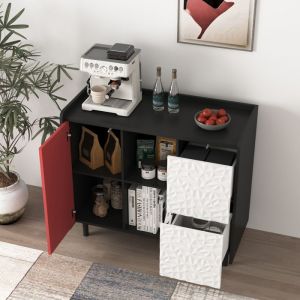 Buffet - Meuble de Rangement 2 Tiroirs et 2 Niches Buffet Moderne avec Portes Rouges MDF - 90x40x80 cm - Noir/Rouge