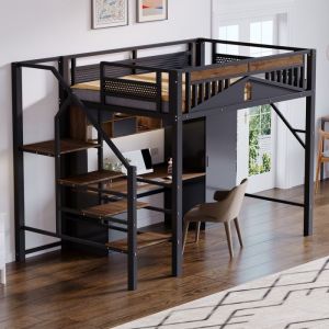 Lit mezzanine enfant 140x200cm - REDOM - avec escalier de s&eacute;curit&eacute; et rangements - m&eacute;tal noir sans matelas