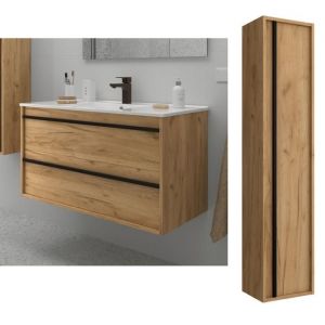 Meuble de salle de bain Dimensions 100 cm Couleur Ch&ecirc;ne africain Miroir Sans miroir Colonne de rangement  Avec colonne