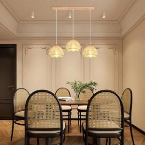 3 Lampes Suspension Luminaire Vintage Lustre Industriel en Bois Rotin Cage Abat-jour E27 &Eacute;clairage (Barre Rotin Blanc) - SMOTOP