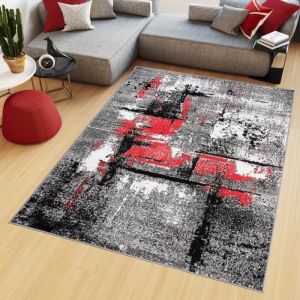 TAPISO Tapis Salon Poil Court Maya Rouge Blanc Gris Moucheté Polypropylène Intérieur 140x200 cm