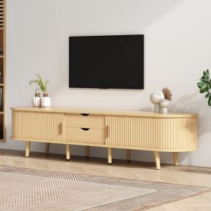 Meuble TV de salon 175x40x42 cm avec espace de rangement et plateau rond MDF aspect bois 2 tiroirs charge maximale 30 kg