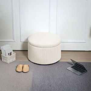 Pouf coffre rangement tabouret rond pouf repose-pieds en velours c&ocirc;tel&eacute; charge 120 Kg &Oslash; 60 x 41 cm beige