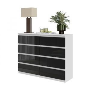 Commode GABRIEL – 8 tiroirs – Buffet de chevet 92 x 120 x 33 cm (Blanc/Noir Brillant)