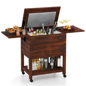 COSTWAY Table à Glacière 51L Roulette en Bois de Sapin et Cyprès COOL BAR Plateau Relevable Isothermique pour BièreVinCocktails