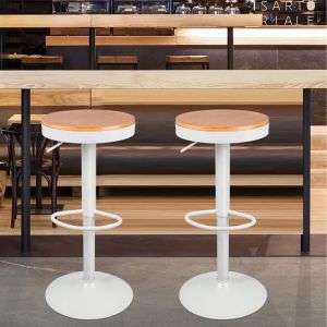 Tabouret de bar rond vintage HOMEWELL - lot de 2 - panneau bois + châssis monobloc blanc - 36*36*(55-75) cm