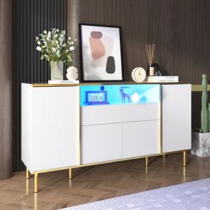 Buffet Blanc Laqu&eacute; avec Tiroir et &Eacute;clairage LED Meuble de Rangement design 150&times;40&times;80 cm
