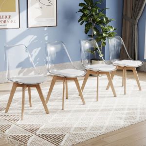 Chaise Salle à Manger Lot de 4 - RELAX4LIFE - Pieds en Bois de Hêtre - Coussin en Simili Cuir - Chaise Cuisine Transparente - Blanc