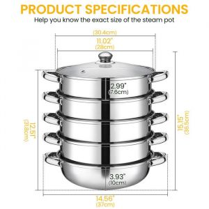 Cuiseur vapeur en acier inoxydable &agrave; cinq couches - 30 cm diam&egrave;tre - Avec couvercle en verre - Compatible avec plaques &agrave; induction