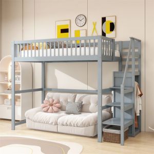 Lit Mezzanine 1 Place 90x200 Lit Mezzanine Enfant avec Escalier Lit en Hauteur en Bois avec &eacute;tag&egrave;res de Rangement Armoire Gris