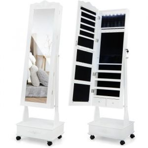 GOPLUS Armoire &agrave; Bijoux sur Pied &agrave; Roulettes Verrouillables avec Miroir Pleine LongueurLumi&egrave;res LEDSerrure &agrave; Cl&eacute;Blanc