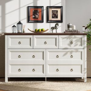 Commode Buffet Blanc meuble de salle à manger 7 tiroirs en aluminium plan de travail couleur Noyer
