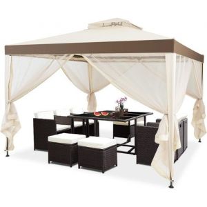 Pavillon Tonnelle de Jardin de 3x3M Autoportante avec Ornements 4 Rideaux de Moustiquaire Polyester Beige 298 x 299 x 200/265 CM