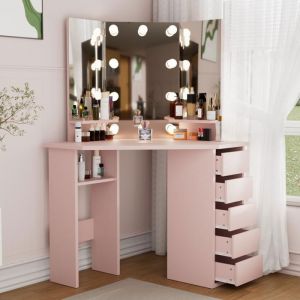 Coiffeuse avec miroir et LED 112x50x143cm Coiffeuse meuble Table de maquillage à 5 tiroirs et étagère pour femmes et filles-Rose
