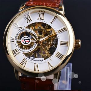 Forsining 3d Logo Design Hollow Engraving White Golden Dial Gold Watch Men Brand Men Wristwatch Skeleton Mechanical Watch
