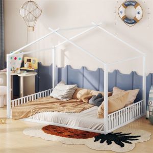 Lit Cabane 140x200 Deux Places - Lit Cabane Enfant de Sol avec Sommier - Cadre de Lit Montessori Métal - pour Fille Garcon - Blanc