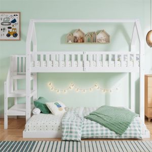 Lit superposé lit cabane avec escalier lit enfant avec protection antichute et barrières cadre en pin blanc (90x200&140*190cm)