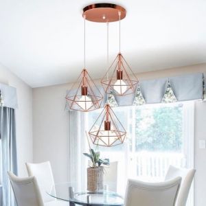 IDEGU Lustre Suspension en M&eacute;tal Indutrielle Cage Diamant Rose Lampe Plafonnier Luminaire Vintage Ajustable pour Salon Chambre