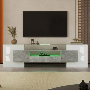 Meuble TV Design Moderne Blanc Gris Laqu&eacute; avec &Eacute;clairage LED et Plateau Verre 200x35x60 cm Meuble Salon