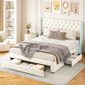 Lit 140x190 cm NMONET LED et 3 tiroir tissu en velours cadre de lit double 140x190 cm beige