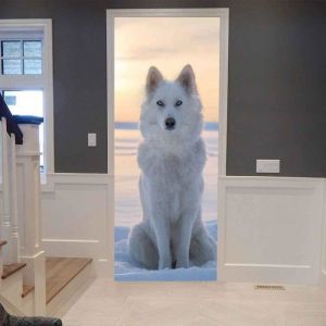 Stickers Porte Poster 3D Loup Animal Blanc Neige Papier Peint Porte Trompe LOeil Pour Salon Chambre Décoration De La Maison Muraux