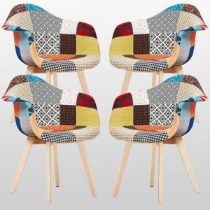 Lot de 4 Chaises en Tissu Patchwork - Design Scandinave - Accoudoirs - Salle à Manger Salon Bureau - Style Rétro