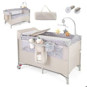 Lit Bébé 5 en 1 Berceau Portable Lit Parapluie Pliable avec Table à Langer Matelas Boîte à Musique Jouets Suspendus Beige