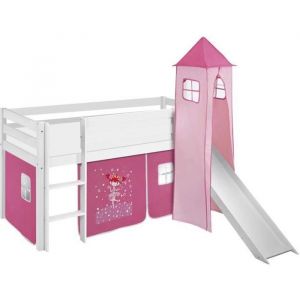 Lit surélevé ludique JELLE 90 x 190 cm Princesse - avec rideaux, tour et toboggan - LILOKIDS - blanc laqué