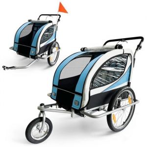 Remorque vélo pour 2 enfants - SAMAX - 2 en 1 - 360° rotatif - Amortisseur Transport Poussette - en Bleu - Silver Frame