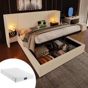 Lit Adulte de Rangement 160×200cm - Lit Complet - OKWISH - Lampe de Lecture USB - Sommier et Matelas Inclus - Velours Côtelé Beige