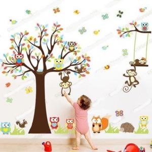 Sticker Mural Animal Hibou Singe Arbre D&eacute;co Decal P&eacute;pini&egrave;re Chambre dEnfant