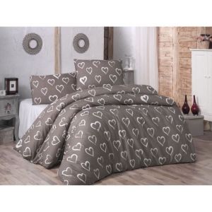 Parure de lit - 1 housse de couette 220 x 240 cm + 2 taies doreiller 60 x 60 cm - 65% coton 35% polyester - Brun