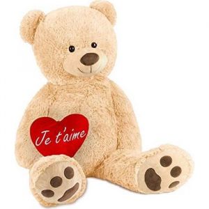 Peluche géante XXL - Ours / Nounours - 100 cm - Beige - Cœur en Peluche Je taime Inclus
