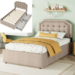 Lit simple 90x200 cm avec 2 tiroirs et sommiers à lattes lit coffre design simple et élégant - tissu en lin - beige foncé