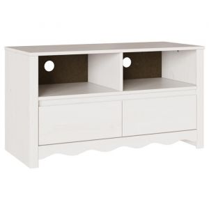Meuble TV Multi-rangements - DRAMMEN Blanc 99x43x55cm en bois massif de pin armoire multimédia/Buffet Salon Aspect Elegant*