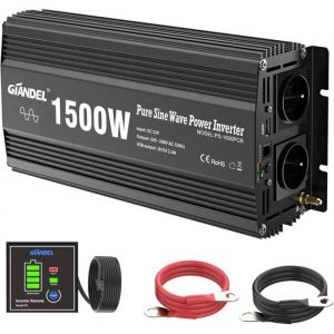 GIANDEL 1500W Convertisseur 12V 220V Pur sinuso&iuml;dale Pure Transformateur 45m T&eacute;l&eacute;commande 2.4A Port USB