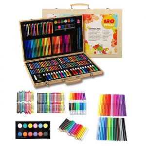 Malette Dessin 180 pi&egrave;ces Stylo Aquarelle Crayon Crayon de Peinture et Pastel &agrave; lhuile dans Une bo&icirc;te en Bois pour &eacute;tudiants